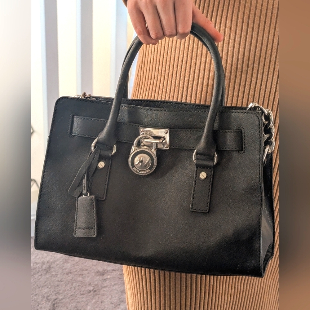 Hamilton Saffiano Leather East West Satchel Black/Silver